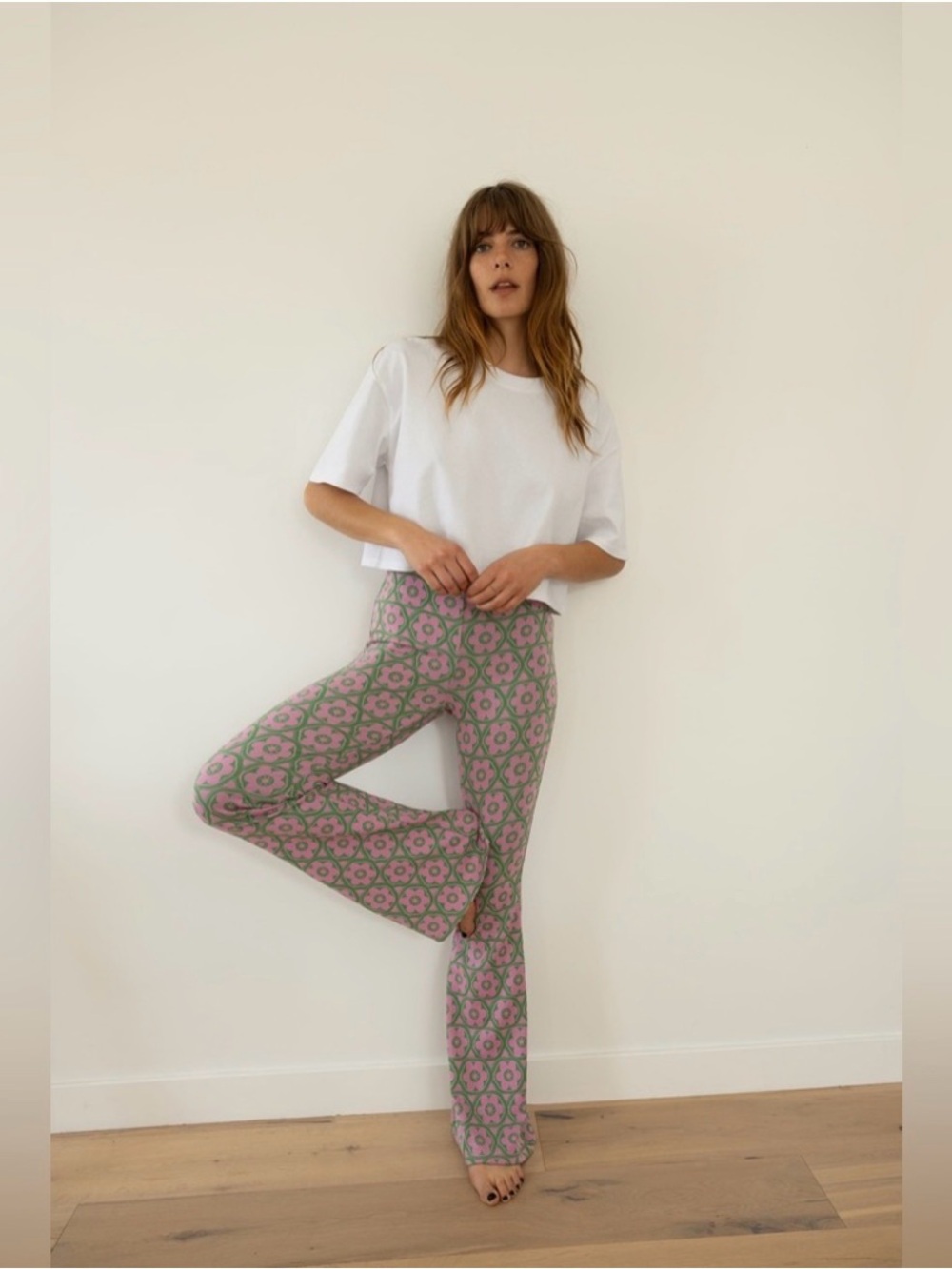 Zara Jacquard Pink & Green Floral Print Flare Pull On Pants